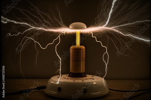 Tesla coil electrostatic discharge experiment on a table on dark background