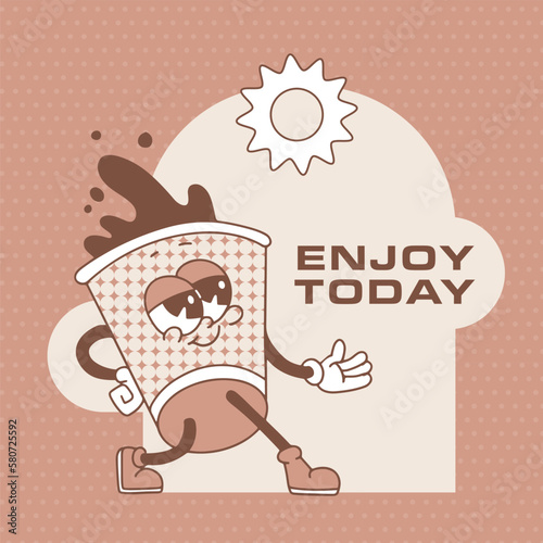 Funny retro cartoon character of coffee in paper cup and inscription Enjoy today. Vector contour monochrome illustration. Cool mascot drink in nostalgic 60s retro style for cards and banner design