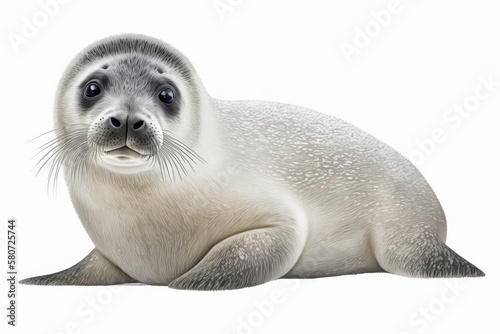 Realistic drawing of a harp seal (Pagophilus groenlandicus) for the Encyclopedia of Animals of the Arctic, image on a white background. Generative AI © AkuAku