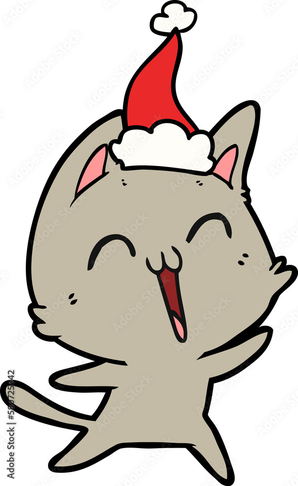 happy line drawing of a cat wearing santa hat happy line drawing of a cat wearing santa hat