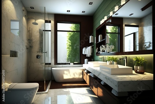 Stylish bathroom interior with countertop, shower stall and houseplants. Design idea