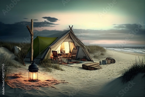 Tent camping on autumn sea coast. Bonfire by the water. Holidays and travel outdoors in offseason. Night camping on shore. AI generated