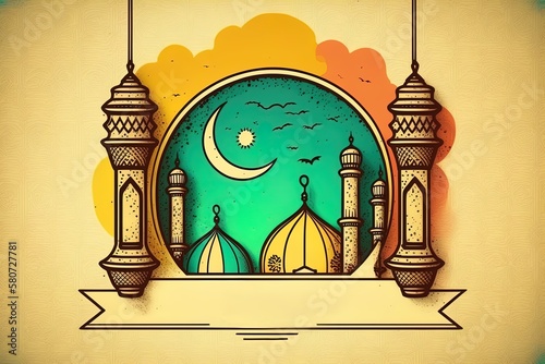 Ramadan Kareem Cartoon doodle hand drawn style poster template with empty space with muslim mosque, landterns and arabian ornament. photo