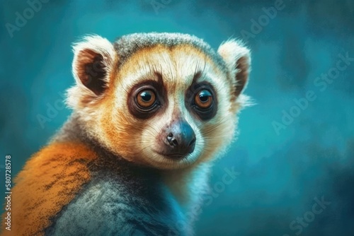 Slow Loris lemur animal cute face. Funny pictures of the Asian jungle Primate portrait of a Slow Loris. Realistic fur painting of a wild Loris monkey animal on blue background moving slowly photo