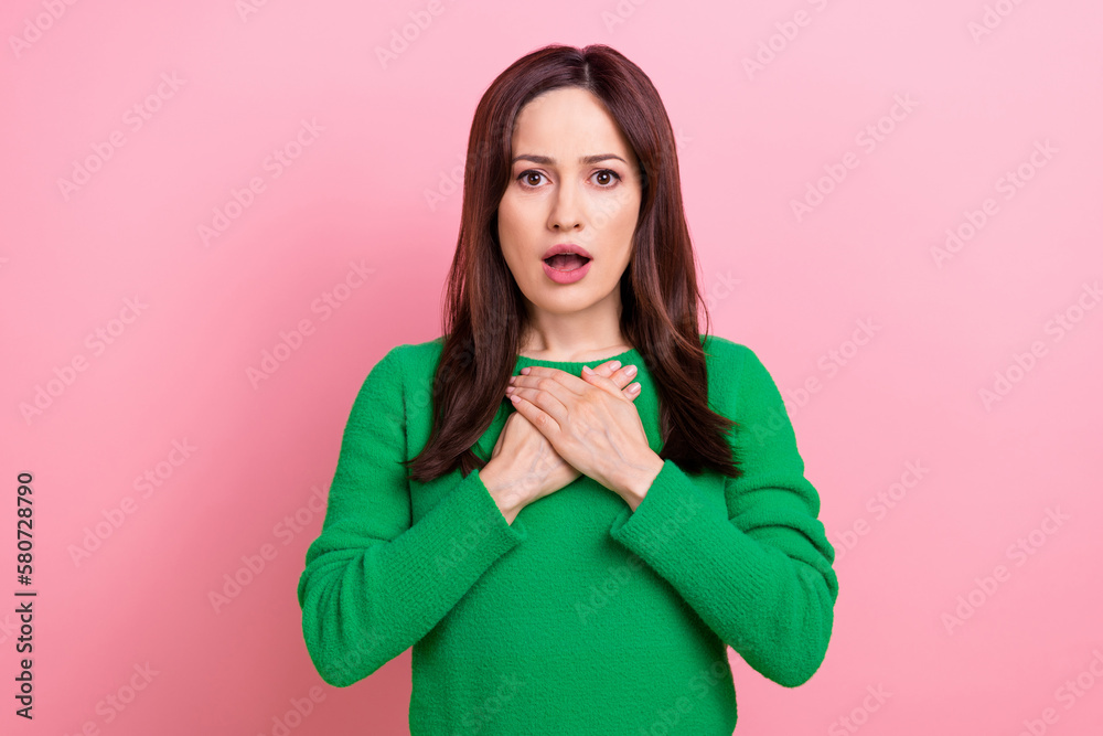 Photo of pretty impressed lady dressed green pullover open mouth arms chest isolated pink color background - obrazy, fototapety, plakaty 