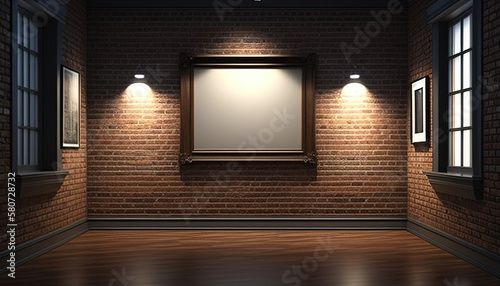 Empty and nobody gallery room with white clear picture wooden frame sample for mockup and billboard. Red brick wall and spot lights in the background, 8k, realistic photo, high detailed. Generative AI