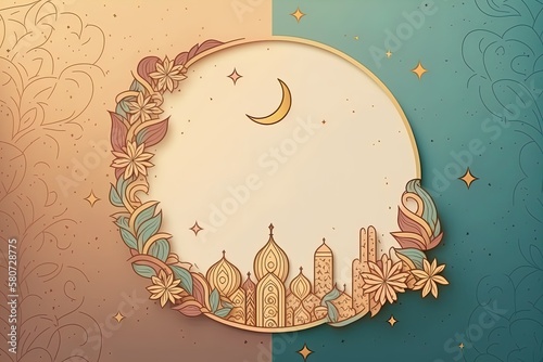 Ramadan Kareem Cartoon doodle hand drawn style poster template with empty space with muslim mosque, landterns and arabian ornament. photo