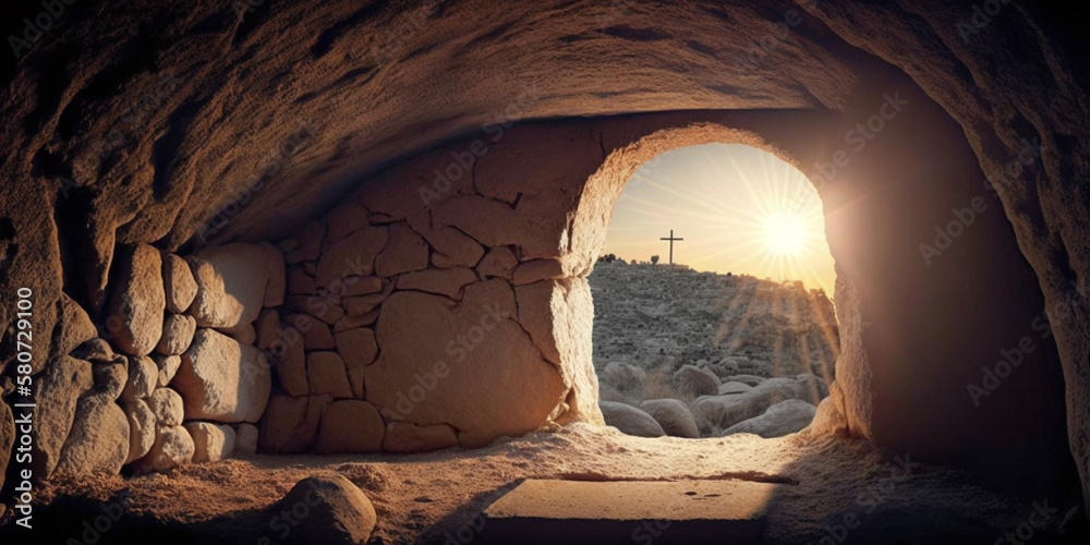 Fototapeta premium Empty tomb at sunrise. Easter concept created with generative Ai technology