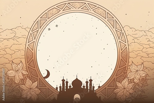 Ramadan kareem frame background in cartoon doodle style with empty space for text. Template with muslim ornament for Traditional islamic arab holiday