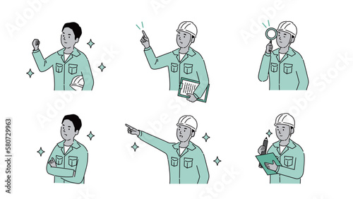 いろいろなポーズの作業服の外国人男性イラストセット1、ベクター