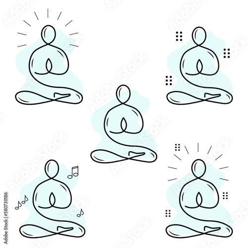 Yoga meditation line icons. Body balance, person relax and energy meditation set. Mind harmony, health meditate and self concentrate line icons. Listen relax sound, yoga mind therapy. Vector