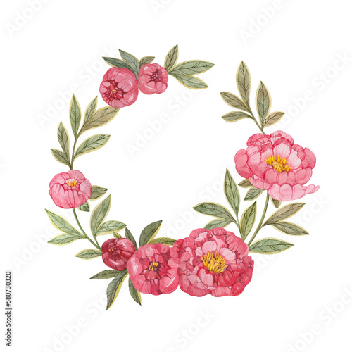 Wreath of watercolor pink peonies isolated on transparent background. Floral frame for creating invitations, posters, cards. Romantic template for wedding, valentine's day.