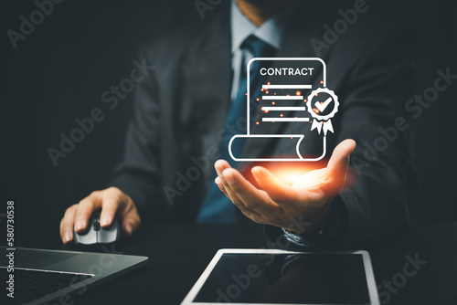 concept virtual contract document interface for the legal and financial industries. digital contract management and signature processes. marketing materials, websites, or other resources.