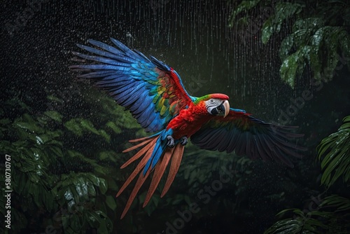 A red and blue macaw parrot flies through dark green plants as rain falls and beautiful light shines from behind. Scarlet Macaw, Ara macao, in tropical forest, Costa Rica. Scene of wildlife in the tro