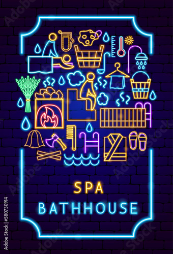 Spa Bathhouse Neon Poster. Vector Illustration of Washing Procedure. Clean and Wash. Glowing Led Lamp Promotion.