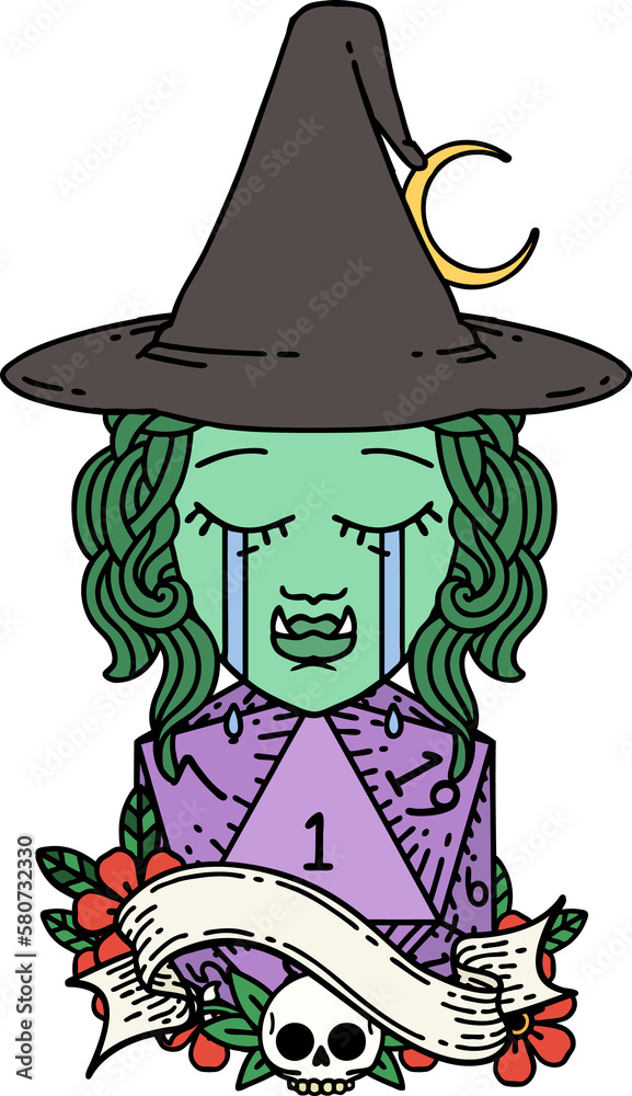 crying half orc witch character face with natural one d20 dice roll illustration