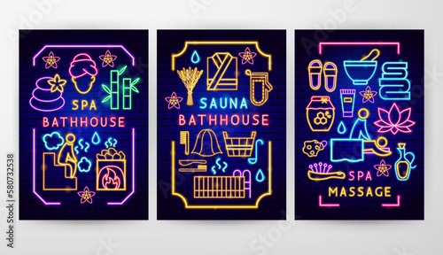 Sauna Flyer Concepts. Vector Illustration of Washing Procedure. Clean and Wash. Glowing Led Lamp Promotion.