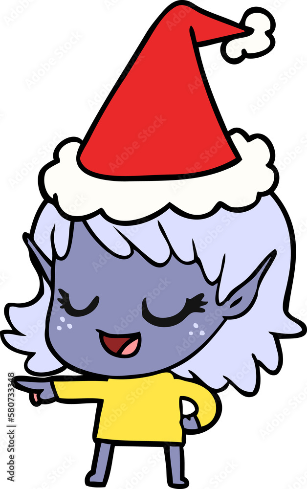happy line drawing of a elf girl pointing wearing santa hat happy line drawing of a elf girl pointing wearing santa hat