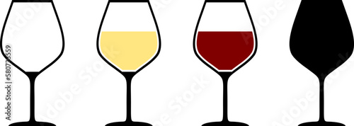 Wine Glass Icon Set including Empty Glass, White Wine Glass, Red Wine Glass and Wineglass Silhouette. Vector Image.