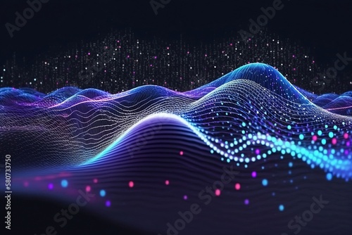 Digital Network Abstract. Blue Light Background with Illustrated Lines, Particles, and Technology