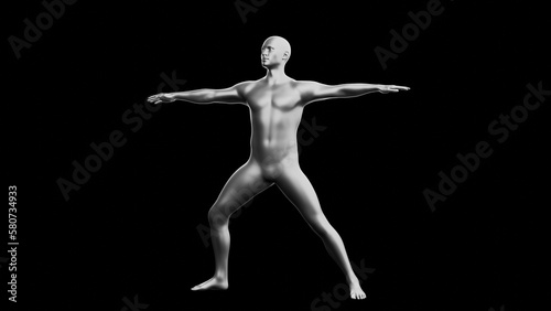 Beautiful young man posing  isolated on black background. 3d illustration  rendering . Silver mannequin  android