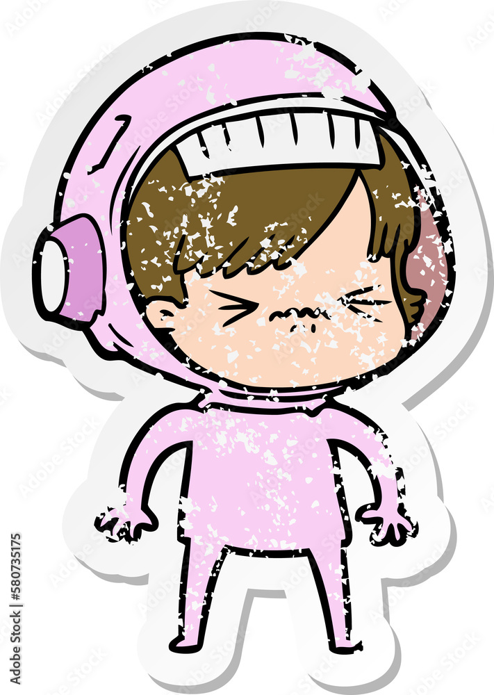 distressed sticker of a angry cartoon space girl distressed sticker of a angry cartoon space girl