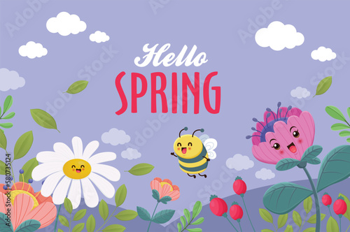 Fototapeta Naklejka Na Ścianę i Meble -  Vintage hello spring greeting banner design template with bee.