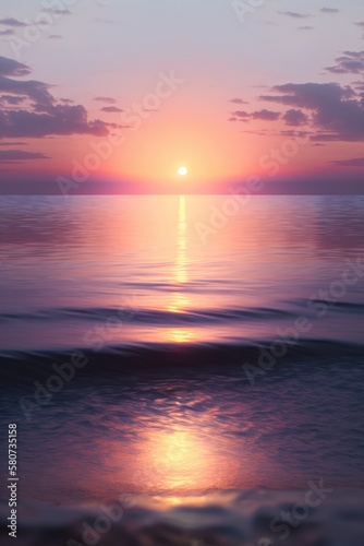Scenic landscape with sun setting over ocean, created using generative ai technology