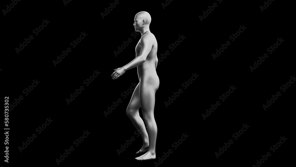 Beautiful young man posing, isolated on black background. 3d illustration (rendering). Silver mannequin, android