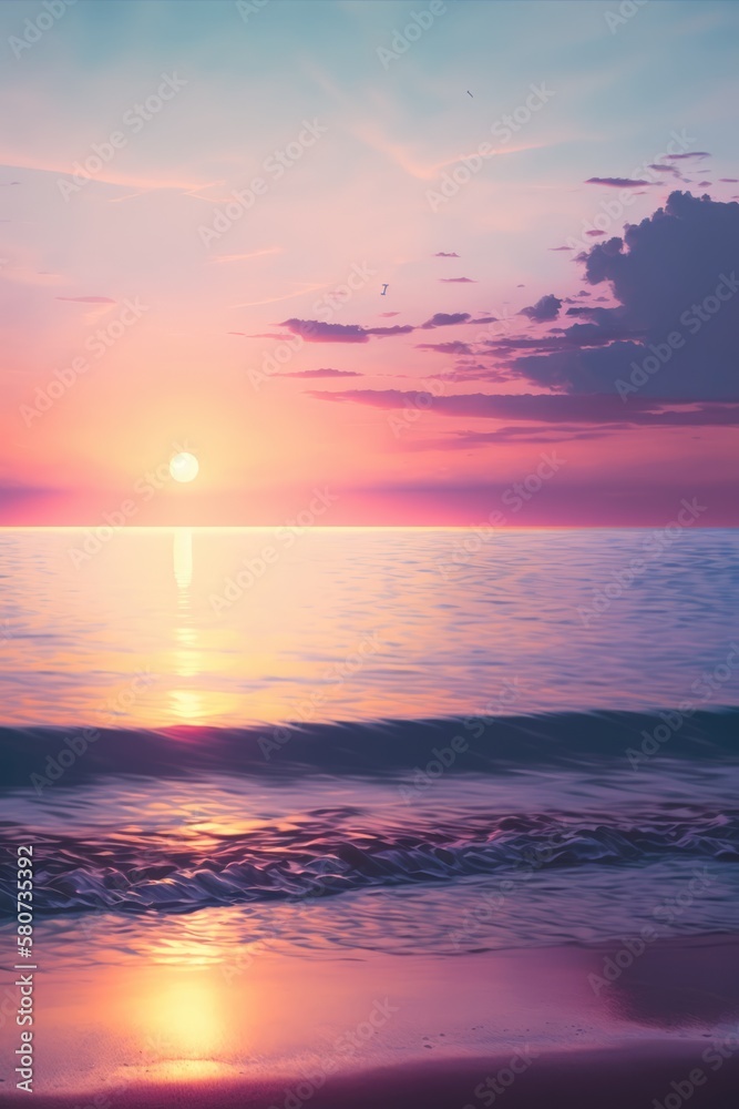 Scenic landscape with sun setting over ocean, created using generative ai technology
