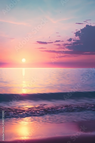 Scenic landscape with sun setting over ocean, created using generative ai technology © Future Vision
