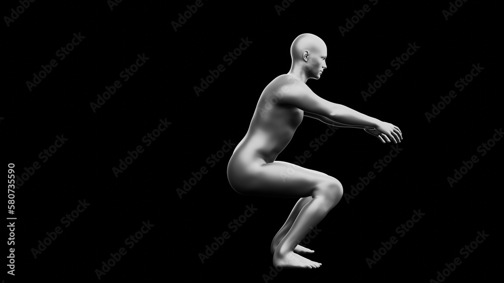 Beautiful young man posing, isolated on black background. 3d illustration (rendering). Silver mannequin, android