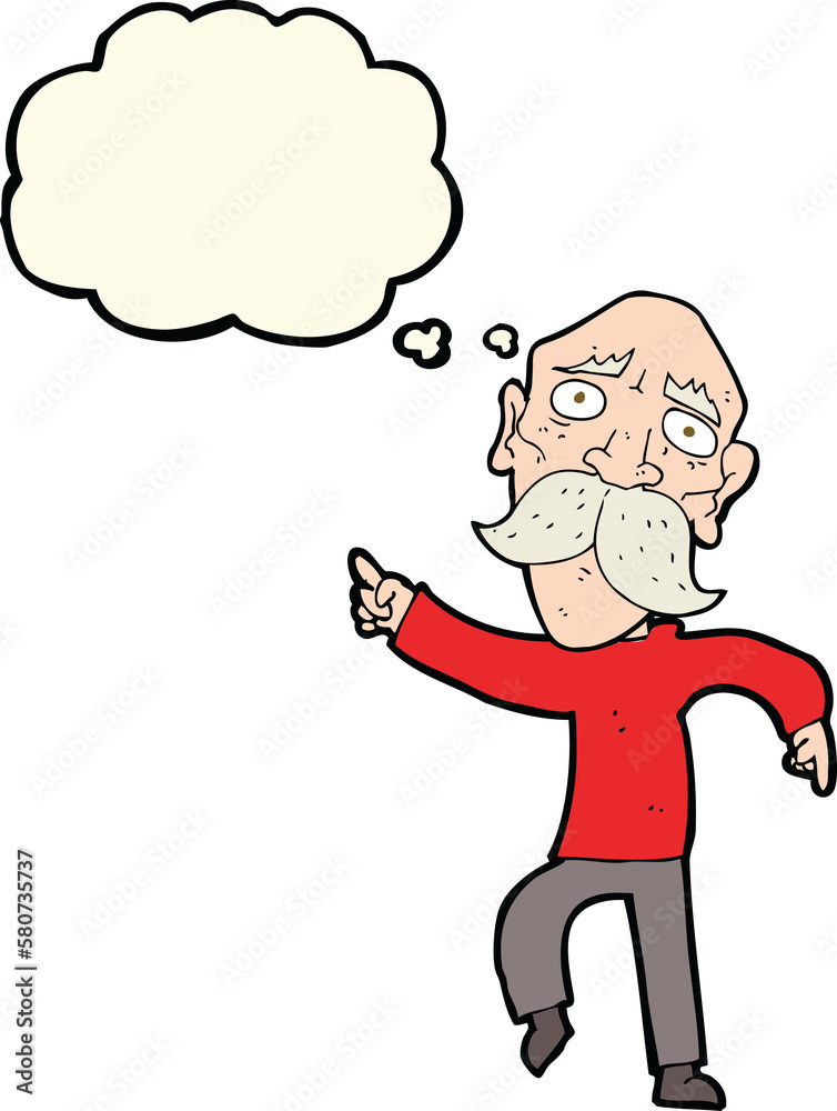 cartoon sad old man pointing with thought bubble