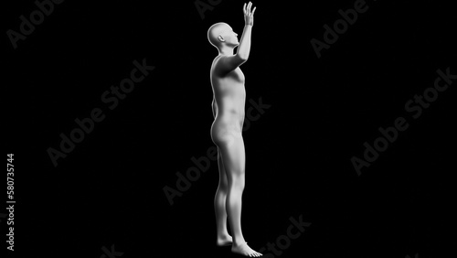 Beautiful young man posing, isolated on black background. 3d illustration (rendering). Silver mannequin, android