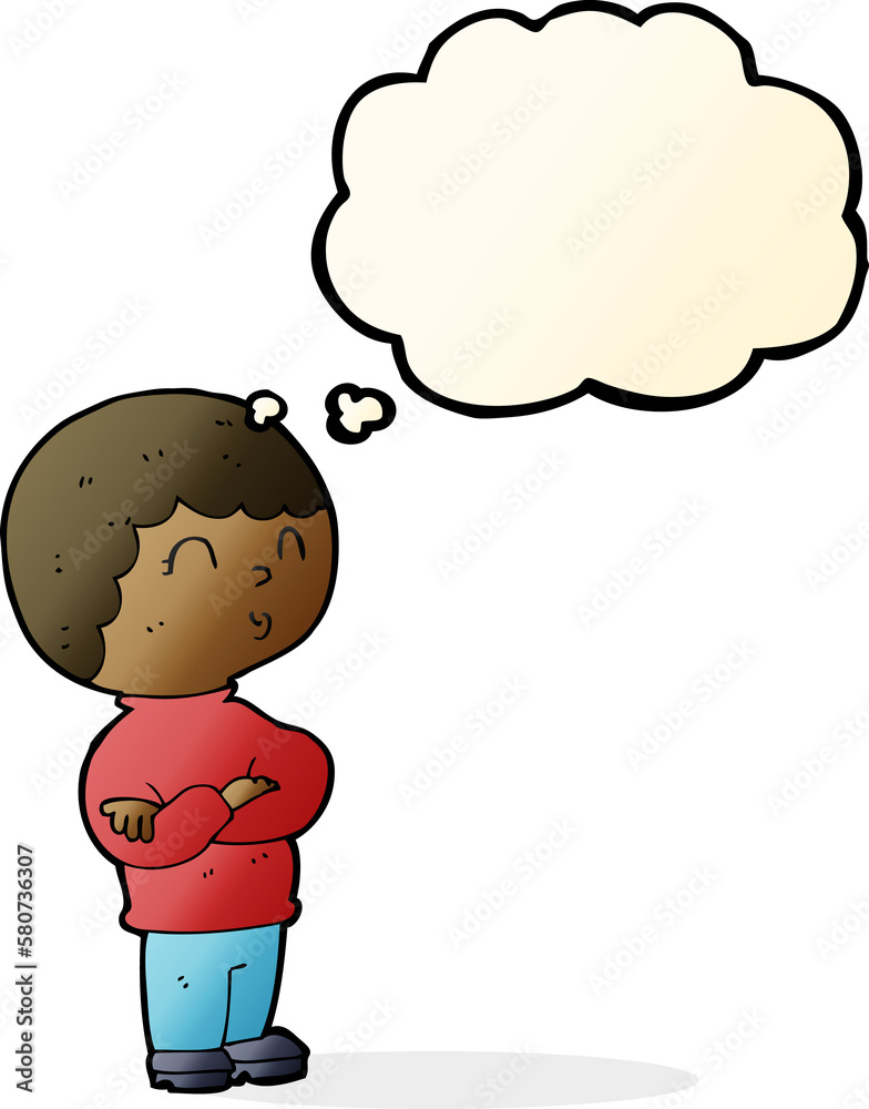 Obraz premium cartoon boy with folded arms with thought bubble