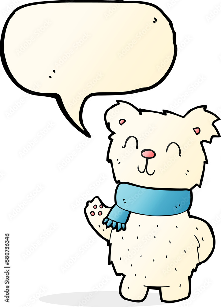 cartoon waving polar bear with speech bubble