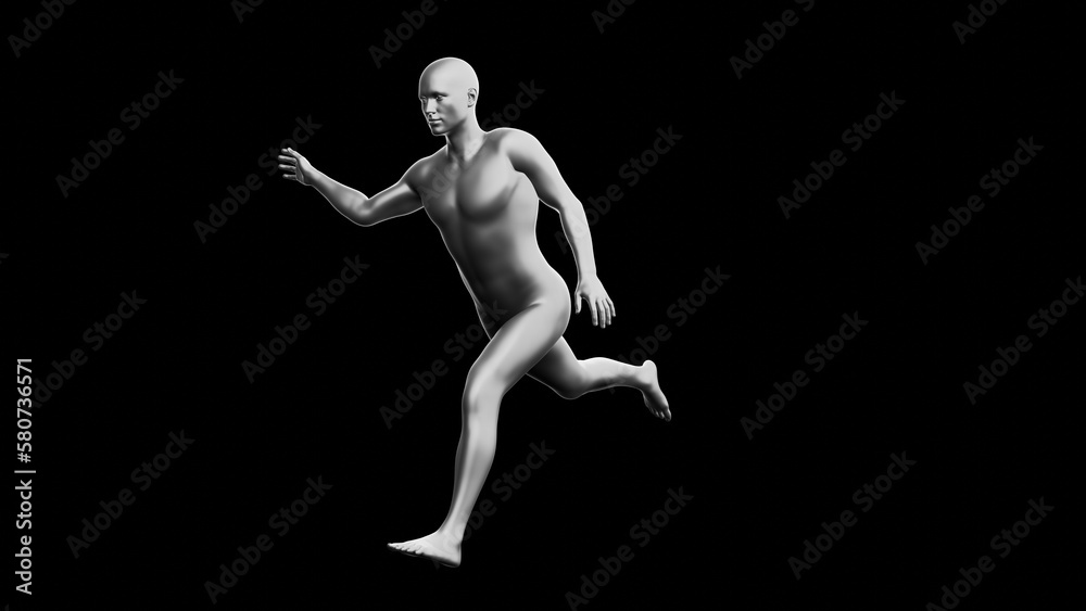 Beautiful young man posing, isolated on black background. 3d illustration (rendering). Silver mannequin, android