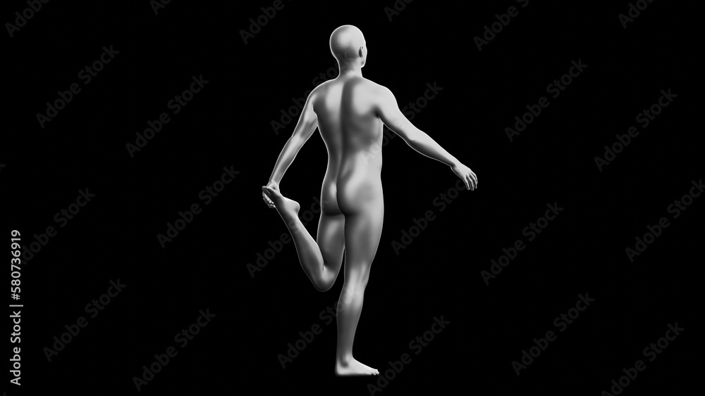 Beautiful young man posing, isolated on black background. 3d illustration (rendering). Silver mannequin, android