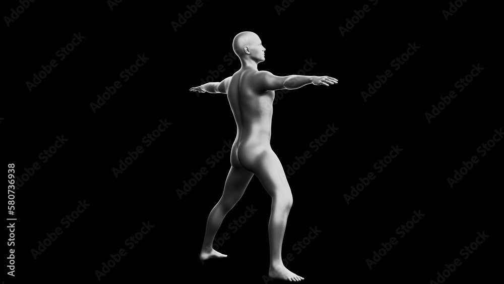 Beautiful young man posing, isolated on black background. 3d illustration (rendering). Silver mannequin, android