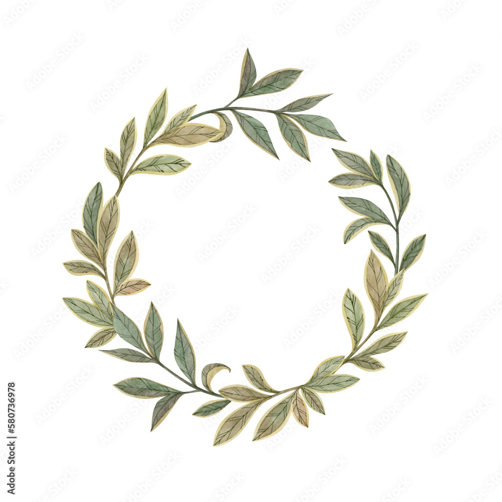Round elegant template frame with leaves painted in watercolor and isolated on white background. Laurel wreath.