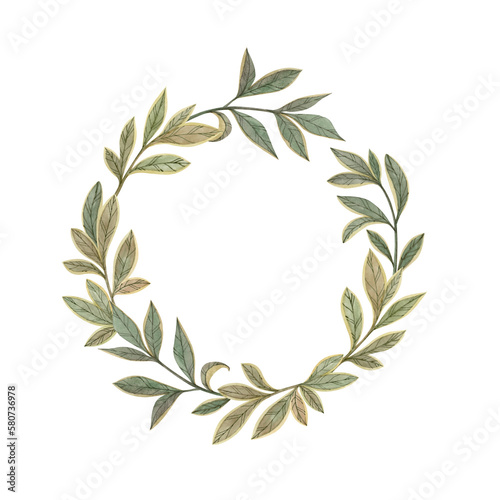Round elegant template frame with leaves painted in watercolor and isolated on white background. Laurel wreath.
