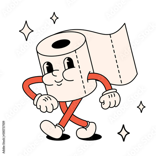 Funny happy cartoon toilet paper roll. The style of the 60s, 70s. Positive and good vibes