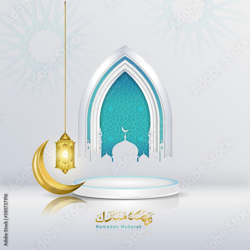 Vector greeting ramadan mubarak with podium and Islamic decoration in elegant style