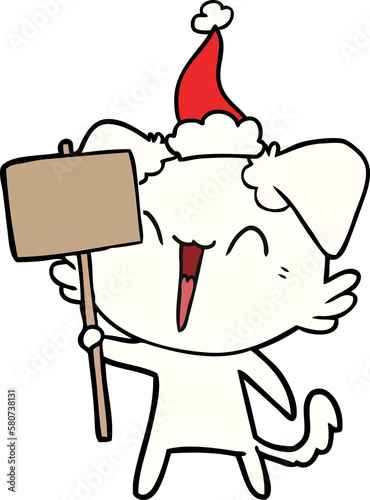 happy little line drawing of a dog holding sign wearing santa hat © lineartestpilot