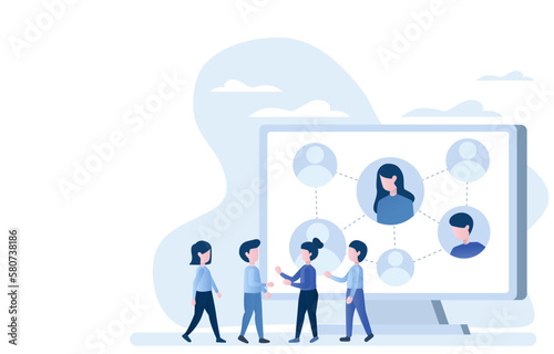 Online contact concept. Business people meeting and discussing to make a deal. Remote communication via internet network. Flat vector illustration.