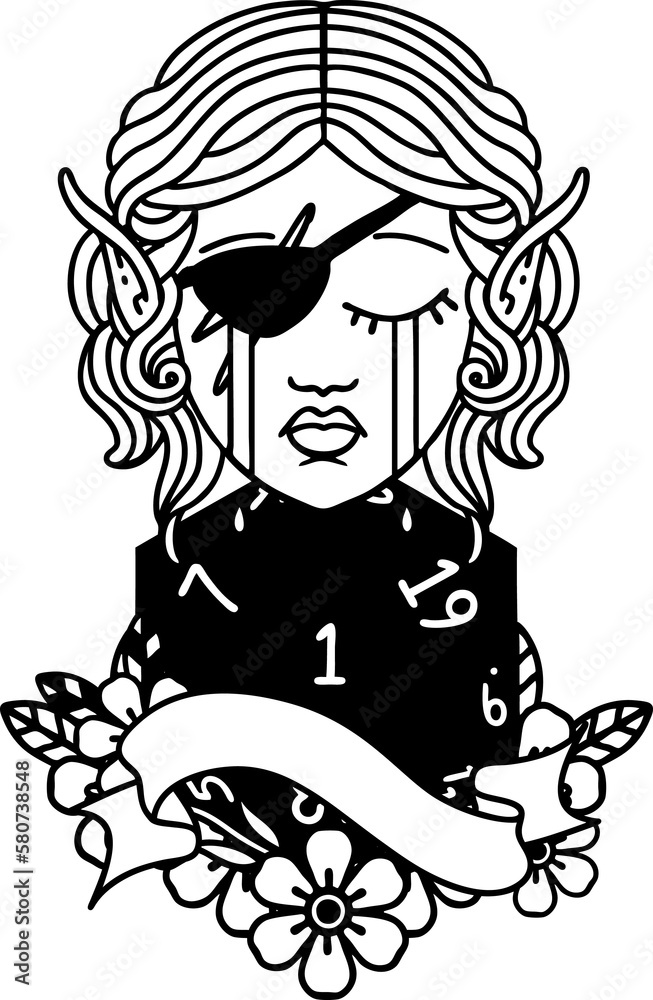 crying elf rogue character face with natural one D20 roll illustration crying elf rogue character face with natural one D20 roll illustration
