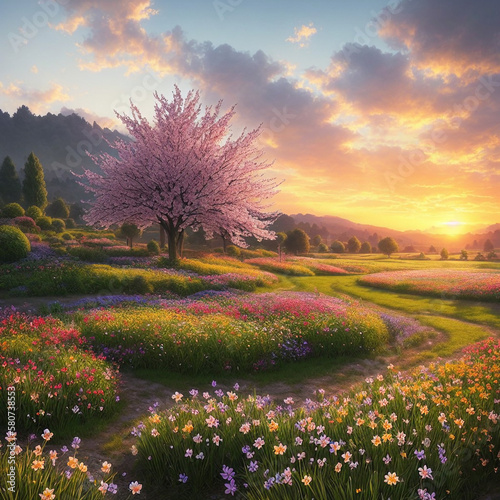 Spring floral landscape. Beautiful meadow field with flowers and trees in nature. Spring perfect natural background. Generative AI