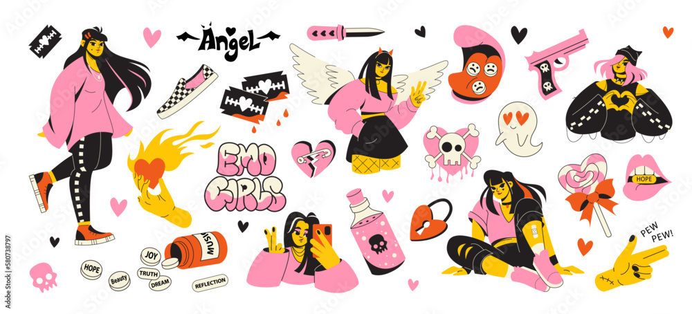 A set of emo elements. Stylish girls in pink and black clothes and stickers and punk paraphernalia. Angel, skull
