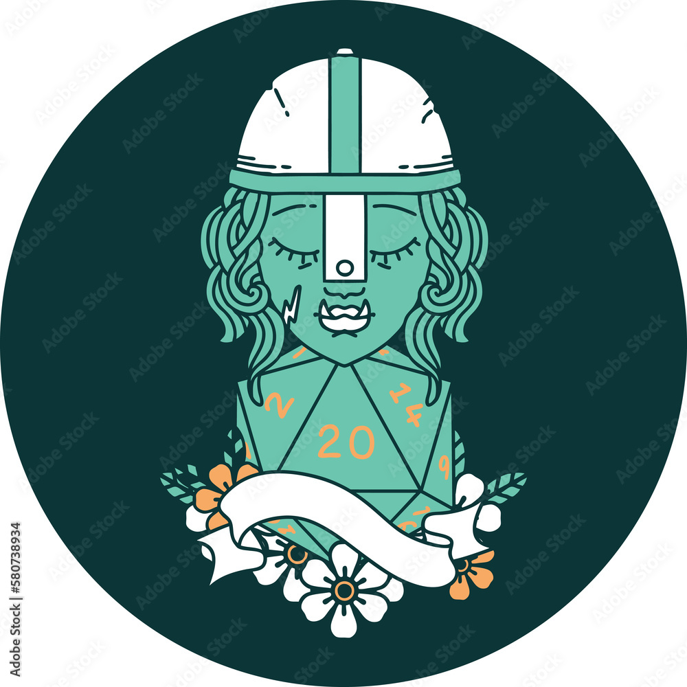 half orc fighter character with natural 20 dice roll icon half orc fighter character with natural 20 dice roll icon