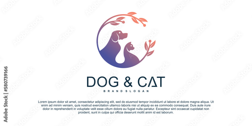Cute pet care logo with cat and dog design template Premium Vektor
